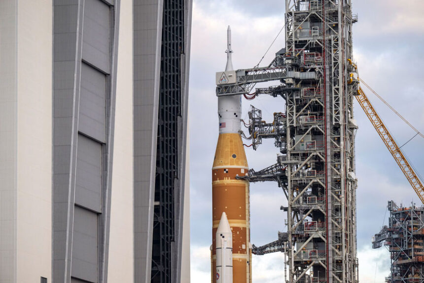NASA’s Orion spacecraft, which sits atop the Space Launch System rocket for liftoff, are seen at Kennedy Space Center in Florida on January 17.
