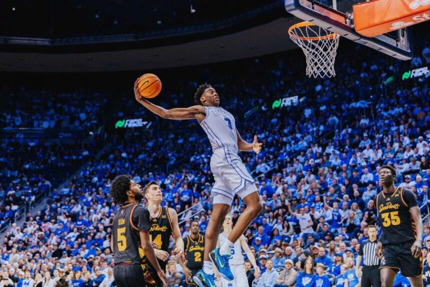 BYU's AJ Dybantsa throws down a dunk during a Big 12 men's basketball game against Arizona State, Wednesday, Jan. 7, 2025 at the Marriott Center in Provo, Utah. (Photo: Tyler Staten for KSL.com)