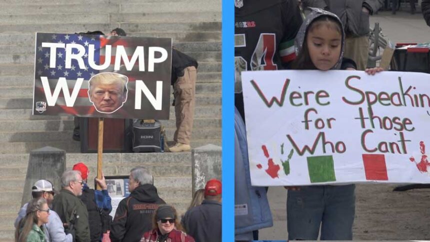 A few hundred people came out for the Idaho Stands with ICE rally at the Idaho Statehouse in Boise on Saturday, Jan. 31, 2026, while around 100 showed up in Caldwell to protest the U.S. Immigration and Customs Enforcement agency.