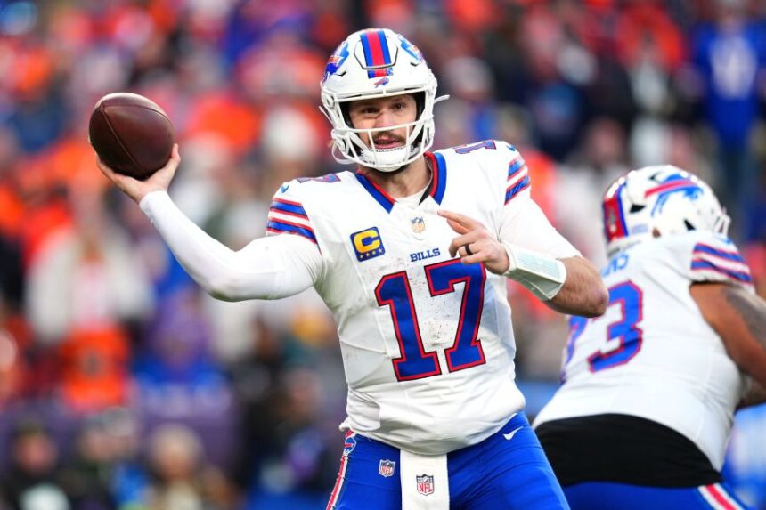 Buffalo Bills quarterback Josh Allen throws during the second half of an NFL divisional round playoff football game against the Denver Broncos, Saturday, Jan. 17, 2026, in Denver. (AP Photo/Jack Dempsey)
