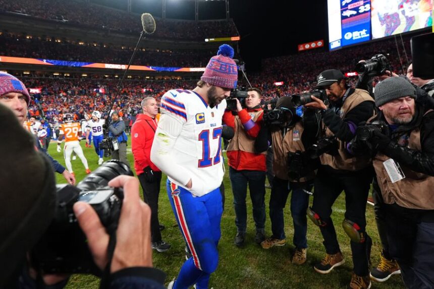 Buffalo Bills quarterback Josh Allen (17) leaves the field after an NFL divisional round playoff football game against the Denver Broncos, Saturday, Jan. 17, 2026, in Denver. (AP Photo/Jack Dempsey)