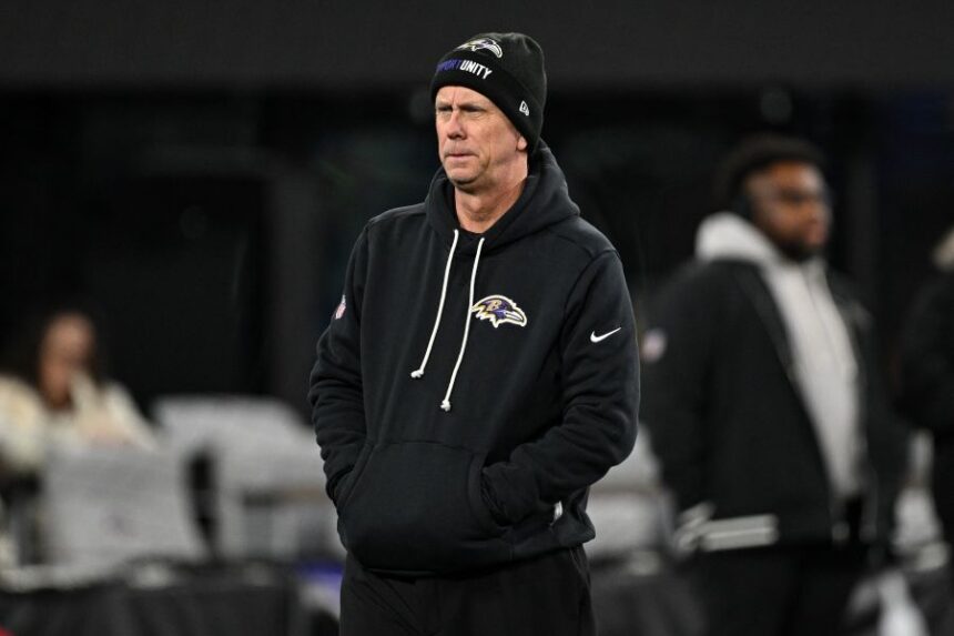 FILE - Baltimore Ravens offensive coordinator Todd Monken looks on during pre-game warm-ups before an NFL football game against the New England Patriots, Sunday, Dec. 21, 2025, in Baltimore. (AP Photo/Terrance Williams, File)