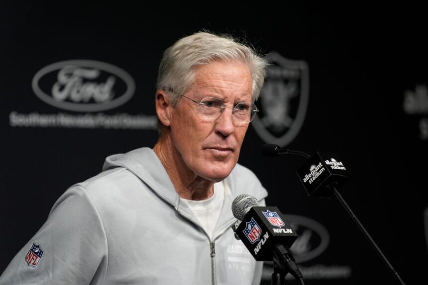 Las Vegas Raiders head coach Pete Carroll speaks during a news conference following an NFL football game against the Kansas City Chiefs Sunday, Jan. 4, 2026, in Las Vegas. (AP Photo/John Locher)