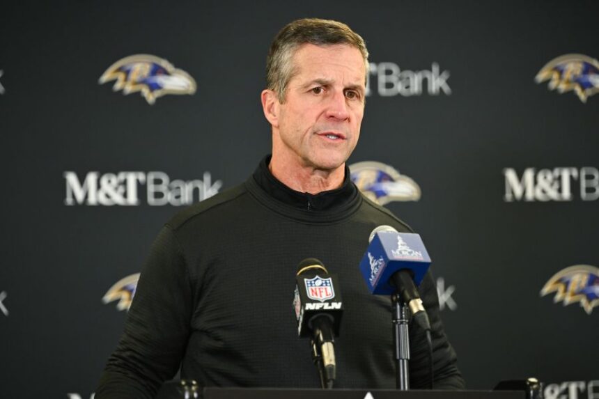 Baltimore Ravens head coach John Harbaugh speaks during a news conference after an NFL football game against the Pittsburgh Steelers, Sunday, Jan. 4, 2026, in Pittsburgh. (AP Photo/Justin Berl)