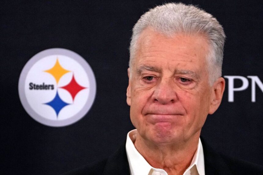 Pittsburgh Steelers owner Art Rooney II meets with reporters Wednesday, Jan. 14, 2026 in Pittsburgh. (AP Photo/Gene J. Puskar)