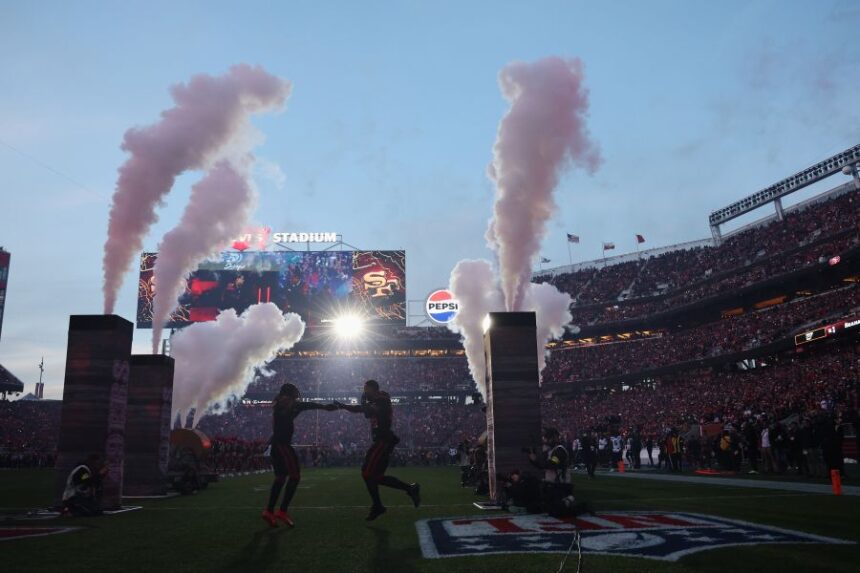 San Francisco 49ers wide receivers Demarcus Robinson, left, and Kendrick Bourne take the field before an NFL football game against the Seattle Seahawks in Santa Clara, Calif., Saturday, Jan. 3, 2026. (AP Photo/Jed Jacobsohn)