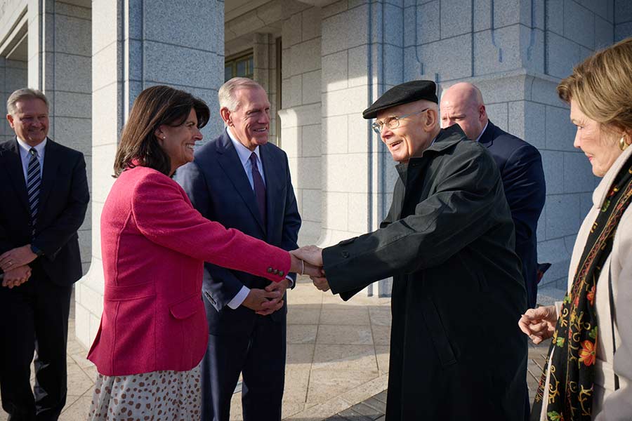 President Dallin H. Oaks greets people on the grounds of the Burley, Idaho Temple Sunday morning. | The Church of Jesus Christ of Latter-day Saints