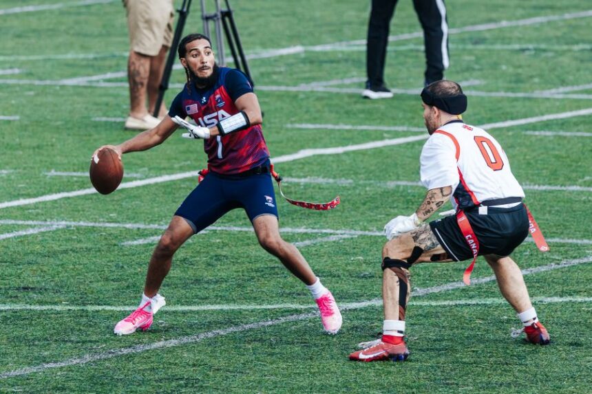 This photo provided by USA Football shows quarterback Darrell “Housh” Doucette III in Panama in September 2025. (Lester Barnes/USA Football via AP)