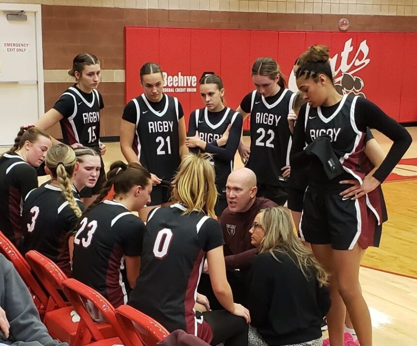 Rigby coach Todd Barber talks to his team during a second-half timeout in Friday's game. | Allan Steele, EastIdahoSports.com.