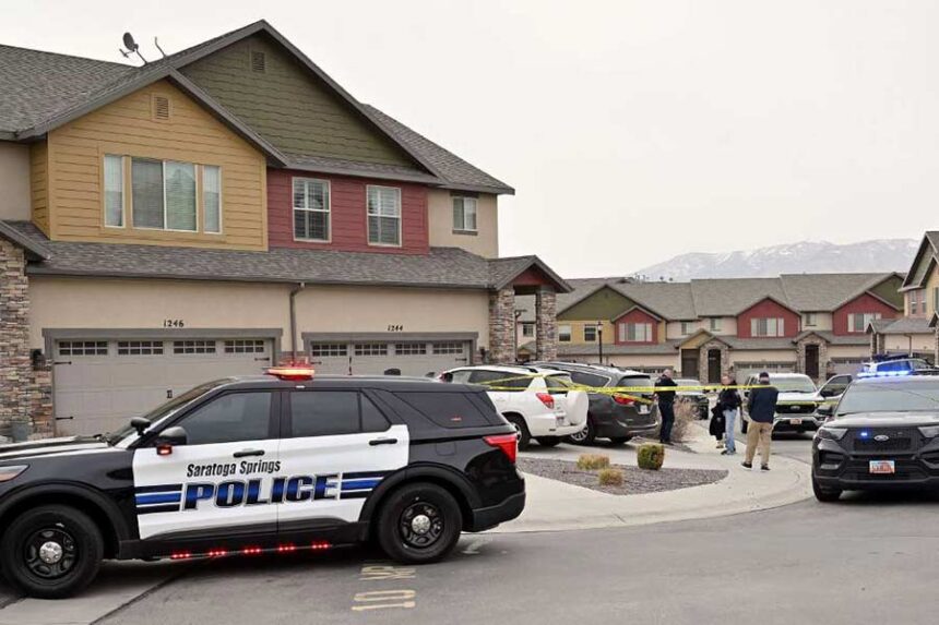 Saratoga Springs police investigate a double killing on March 28, 2025. There was gunshot residue on clothing worn by a 15-year-old the day his mother and 8-year-old brother were shot and killed, newly unsealed search warrants say. | (Scott G Winterton, Deseret News)