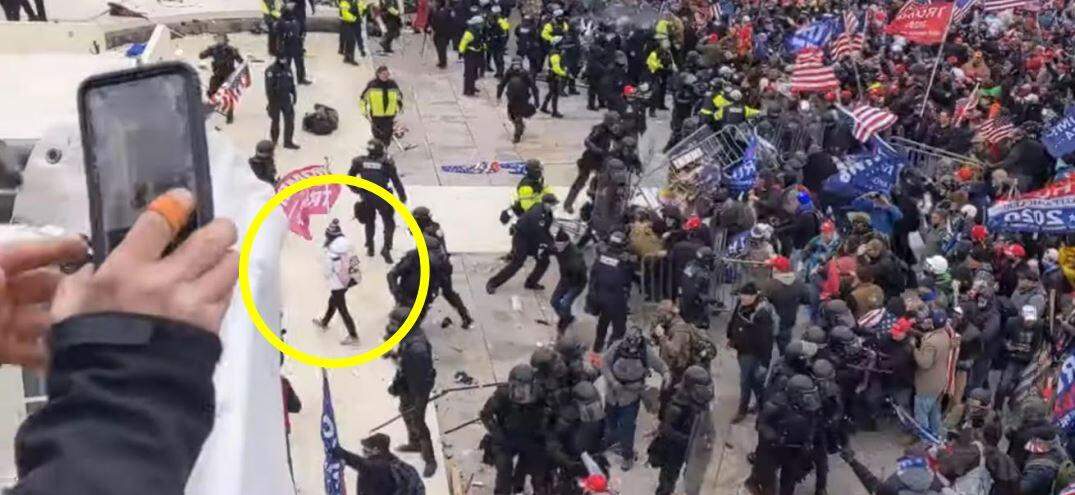 Yvonne St Cyr could be seen in photo evidence moving toward the Capitol after breaking through the police line. | Courtesy United States District Court for the District of Columbia Yvonne St Cyr could be seen in photo evidence moving toward the Capitol after breaking through the police line. | Courtesy United States District Court for the District of Columbia