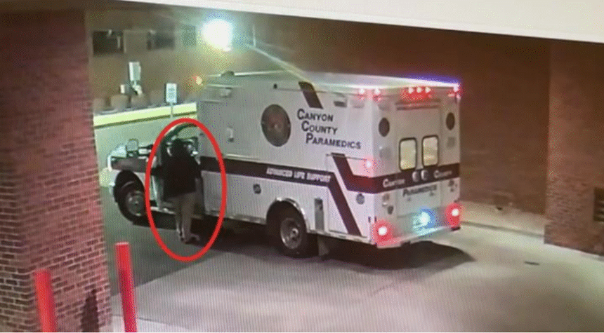 Authorities say this surveillance image shows Sarah George taking a Canyon County ambulance from the St. Luke’s hospital in Meridian. | Courtesy U.S. District Court for the District of Idaho
