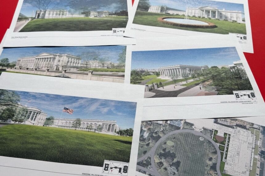 Artist renderings and diagrams of the new White House East Wing and Ballroom, briefly posted on the National Capital Planning Commission's website ahead of a March 5, hearing, are photographed Tuesday, Feb. 17, 2026. (AP Photo/Jon Elswick)