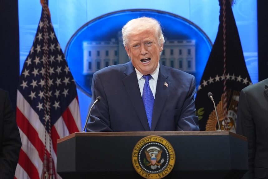 President Donald Trump speaks during a press briefing at the White House, Friday, Feb. 20, 2026, in Washington.