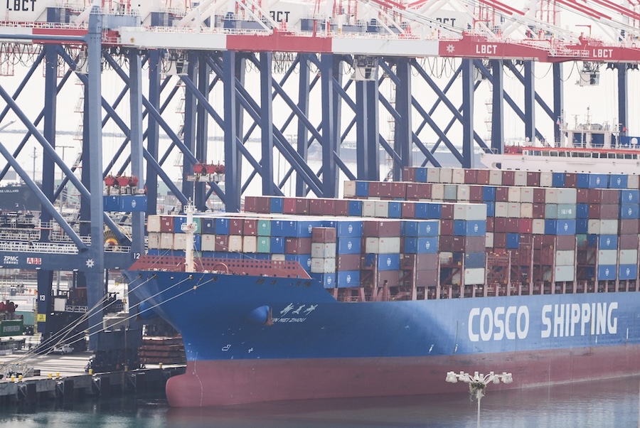 A ship is docked at the Port of Long Beach Friday, Feb. 20, 2026, in Long Beach, Calif.