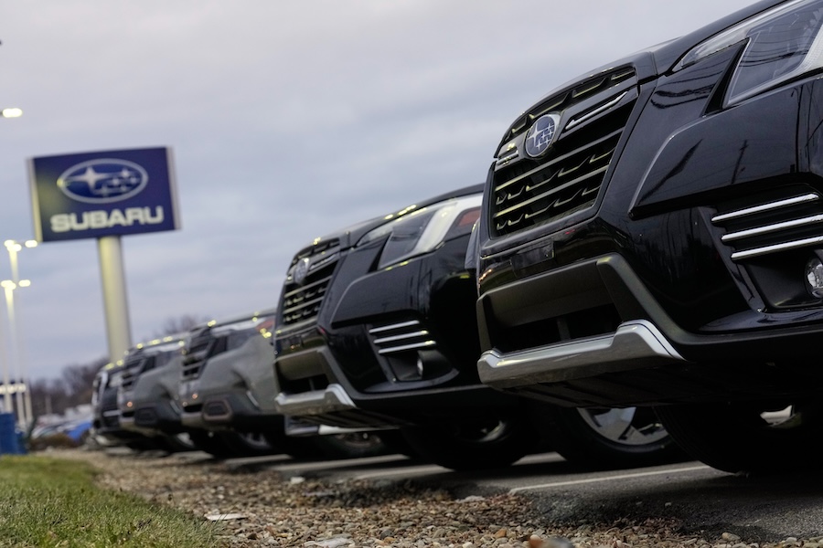 Subarus sit parked at a dealership on the Bedford Auto Mile in Bedford, Ohio, Friday, Feb. 20, 2026.