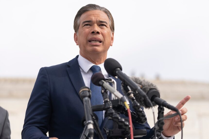 California Attorney General Rob Bonta speaks to reporters outside the Supreme Court, on Nov. 5, 2025, in Washington.