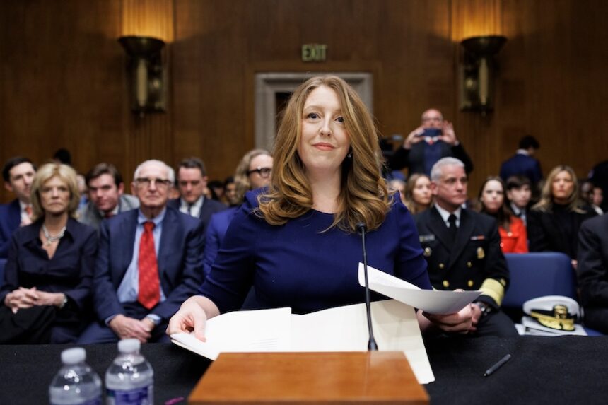 Dr. Casey Means takes her seat at the start of a Senate Health, Education Labor and Pension Committee Conformation Hearing for U.S. Surgeon General on Capitol Hill on Wednesday, Feb. 25, 2026, in Washington.