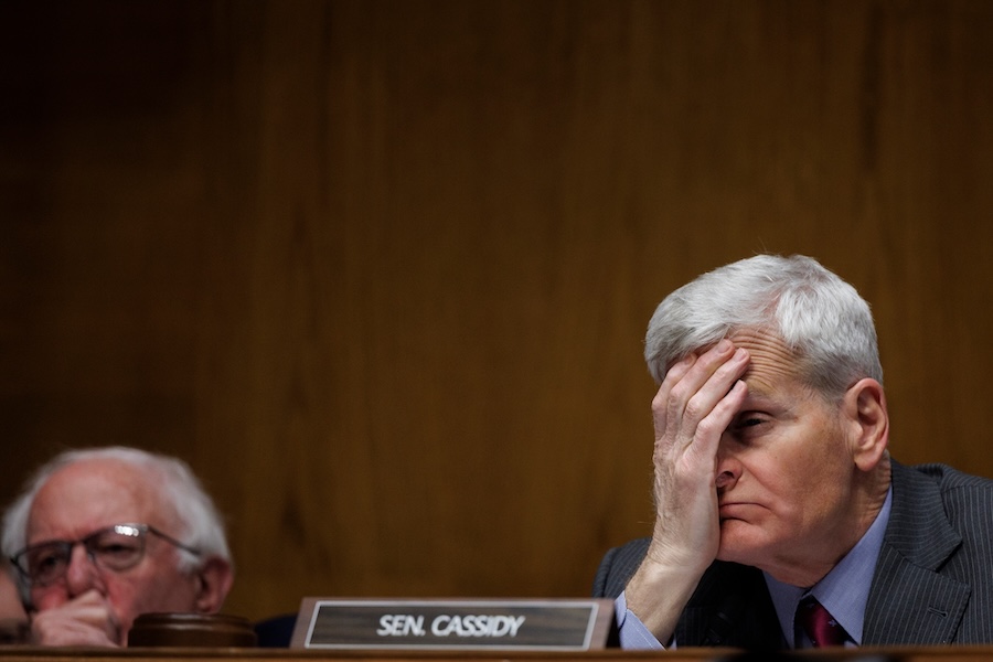 Committee Chair Senator Bill Cassidy R-La. holds his head as Dr. Casey Means testifies during a Senate Health, Education Labor and Pension Committee Conformation Hearing for U.S. Surgeon General on Capitol Hill on Wednesday, Feb. 25, 2026, in Washington.