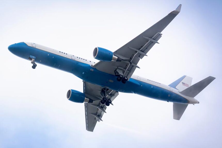 A plane with a United States flag believed to be Air Force One carrying US President Donald Trump comes in for landing at Zurich Airport, Wednesday, Jan. 21, 2026.(Claudio Thoma/Keystone via AP)