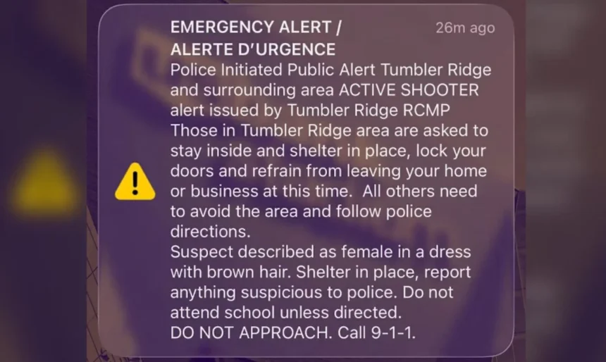 A text alert is seen telling residents of Tumbler Ridge, B.C., to shelter in place following an active shooter incident on Tuesday, Feb. 10, 2026. RCMP say there are "multiple victims" in a shooting at the Tumbler Ridge Secondary School.