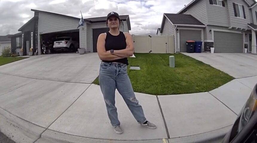 Cierra Clarke, founder of Moms for Liberty: Twin Falls County, is seen here on body camera footage on Thursday, Oct. 3, 2025, in Twin Falls. Clarke has challenged more than 95 books in the Twin Falls School District collection. | Twin Falls Police Department