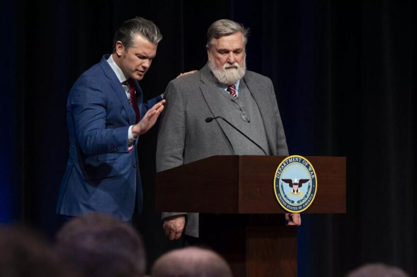 U.S. Department of Defense Secretary Pete Hegseth prays with Moscow, Idaho, pastor Doug Wilson during a monthly prayer service Tuesday at the Pentagon in Virginia. | The U.S. Department of War Rapid Response via X