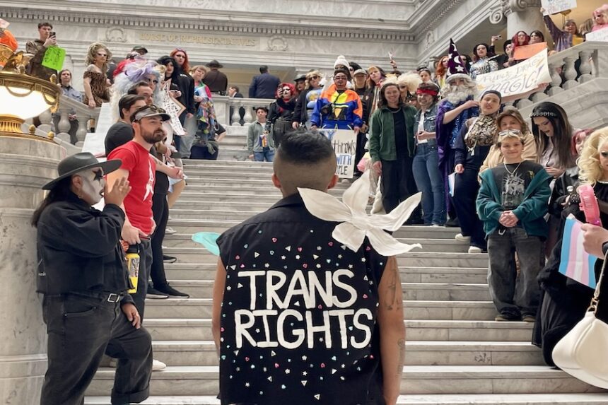 Supporters of transgender rights and drag shows rally at the Utah Capitol in Salt Lake City, Utah on Feb. 3, 2026. (Katie McKellar/Utah News Dispatch)