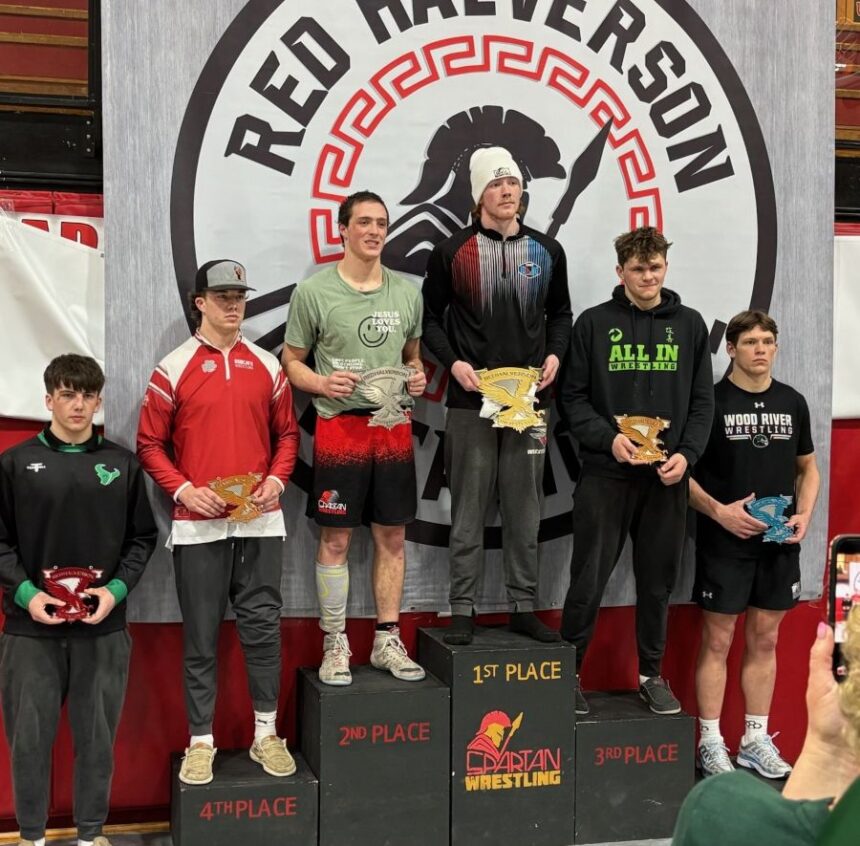 Elijah Dilworth of Soda Springs atop the podium after winning the 190-pound title at the Red Halverson tournament. | Courtesy photo.
