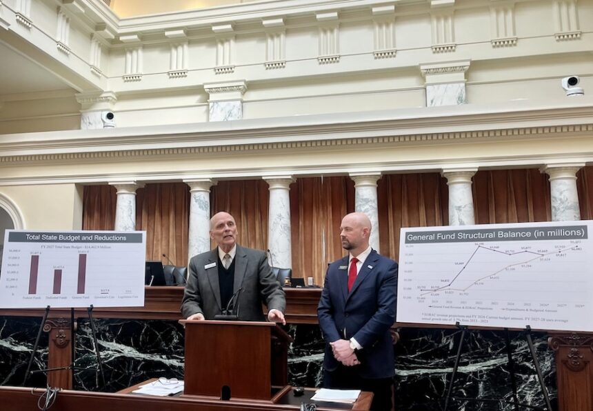Sen. Scott Grow, left, and Rep. Josh Tanner, right, lead a press conference about the state budget on Feb. 19, 2026, at the Idaho State Capitol.