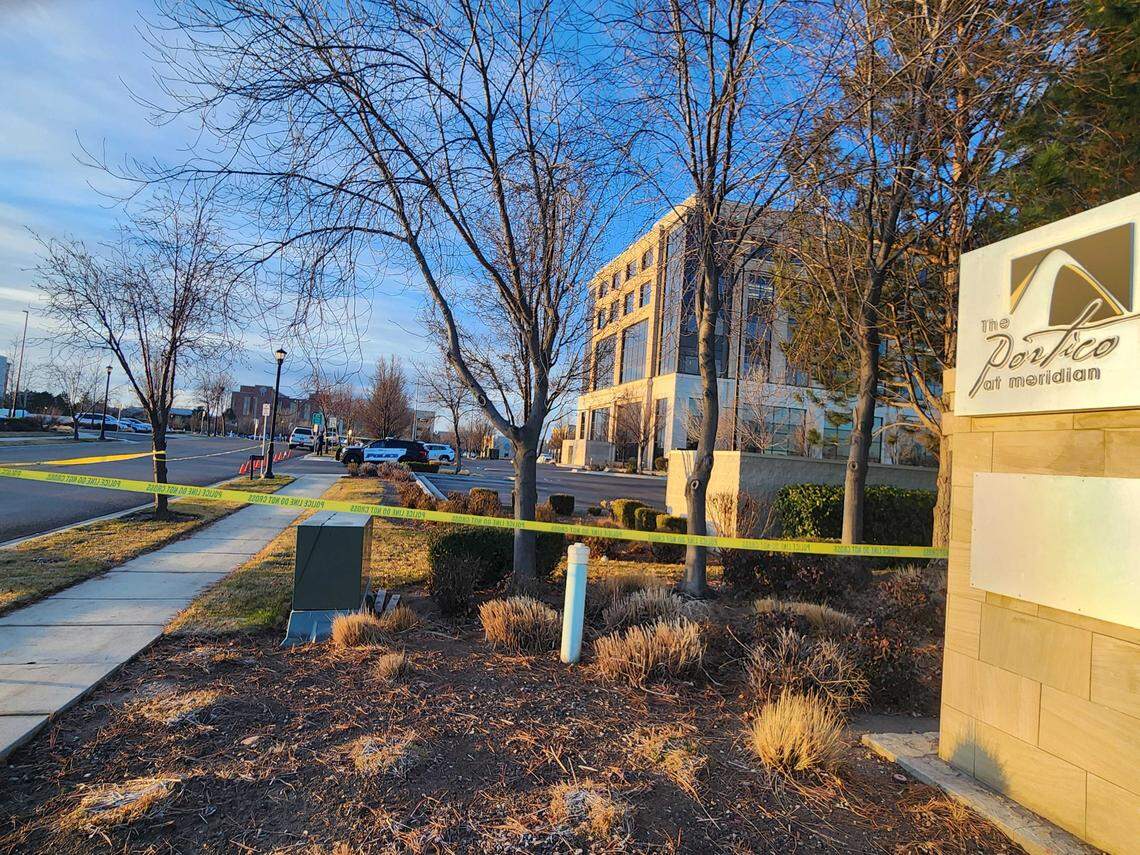 Police tape surrounds the Portico North office building Thursday just north of the St. Luke’s Meridian Medical Center. | Sarah Miller, Idaho Statesman