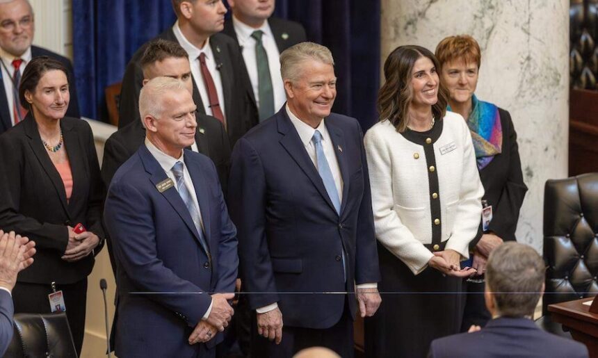 House Majority Leader Jason Monks, R-Meridian, left, with Gov. Brad Little and Senate Majority Leader Lori Den Hartog, R-Meridian. On Friday, Monks proposed a statewide day of prayer and fasting.