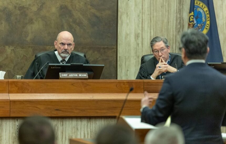 Chief Justice G. Richard Bevan and Justice Gregory Moeller listen to oral arguments at the Idaho Supreme Court on Friday, Jan. 23, 2026, in Boise.