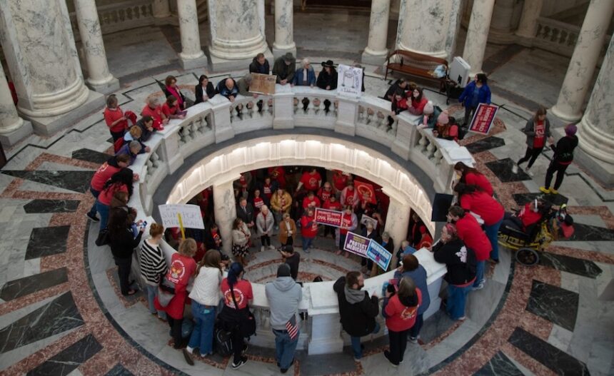 Medicaid supporters rally in the Idaho Capitol rotunda before Gov. Brad Little’s Jan. 12 State of the State address. | Sean Dolan, EdNews