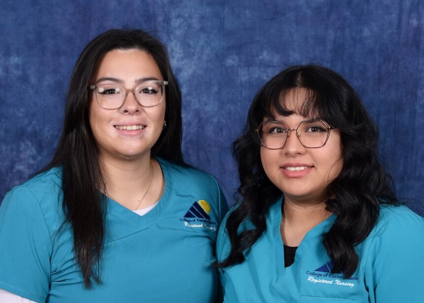 Isabella Cantu (left) and Karina Silva (right), both CEI nursing students, proudly representing the college in their nursing scrubs.