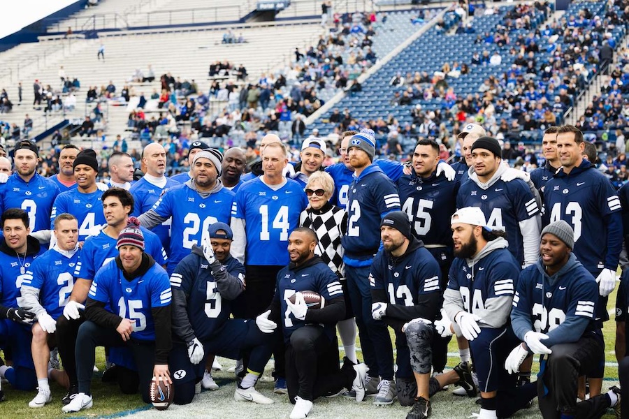 Patti Edwards, widow of legendary BYU football coach LaVell Edwards, poses for a photo during the Brigham Young University alumni game at LaVell Edwards Stadium in Provo, Utah, on March 31, 2023.