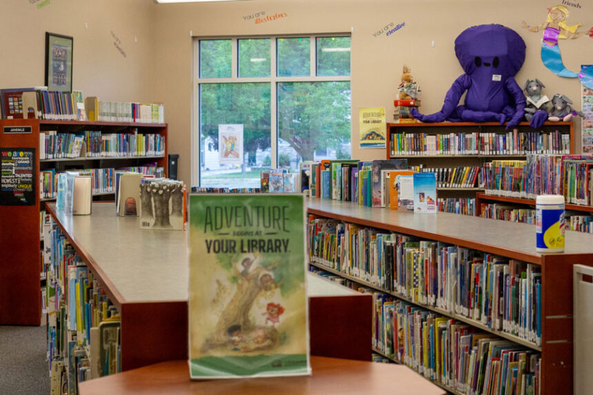 In Preston, the Larsen-Sant Public Library’s colorful books line the shelves of its children’s book section, accompanied by stuffed animals, like a large purple octopus above the shelves. | Kyle Pfannenstiel, Idaho Capital Sun