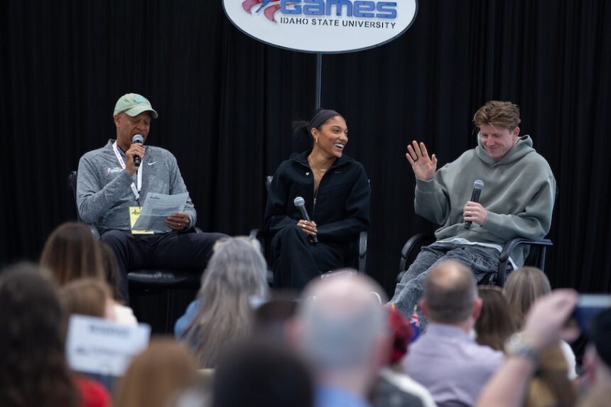 Olympic athlete Willie Banks moderates a Q&A session with Olympic gold medalist Tara Davis-Woodhall and Paralympic gold medalist Hunter Woodhall in Pocatello on Saturday, Feb. 21, 2026.