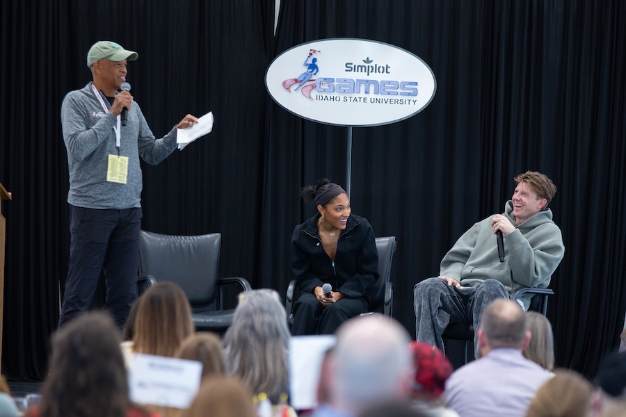Olympic athlete Willie Banks moderates a Q&A session with Olympic gold medalist Tara Davis-Woodhall and Paralympic gold medalist Hunter Woodhall in Pocatello on Saturday, Feb. 21, 2026.