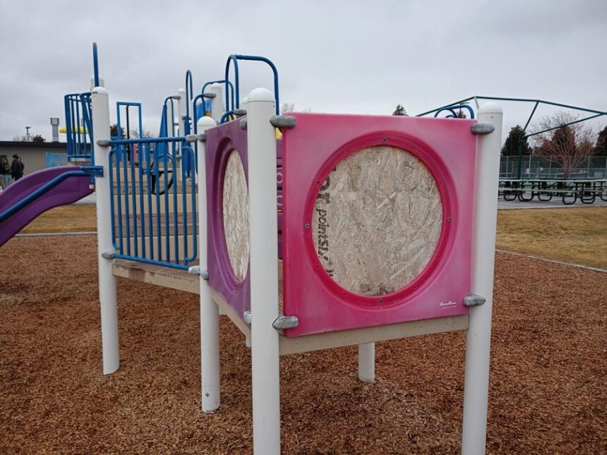 The current playground at McCowin Park is falling apart, requiring quick fixes like plywood or even ripping out entire sections. Photo, David George