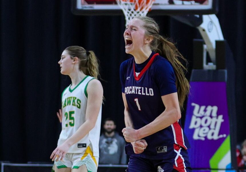Pocatello’s Abby Lusk (1) celebraties teh Thunders 52-45 victory over Lakeland in their semi-final matchup Friday. Photo by Steve Conner