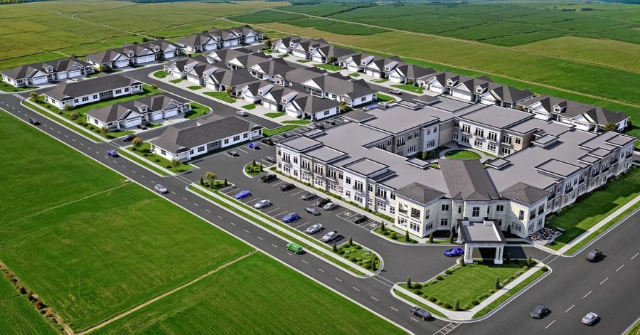 Homestead Assisted Living is shown here in an aerial rendering of the new facility, currently underway to the west of the new LDS temple site in north Rexburg. The facility will have apartments, individual condos, a pool, walking paths, and pickleball courts. Courtesy Trellis Development. 