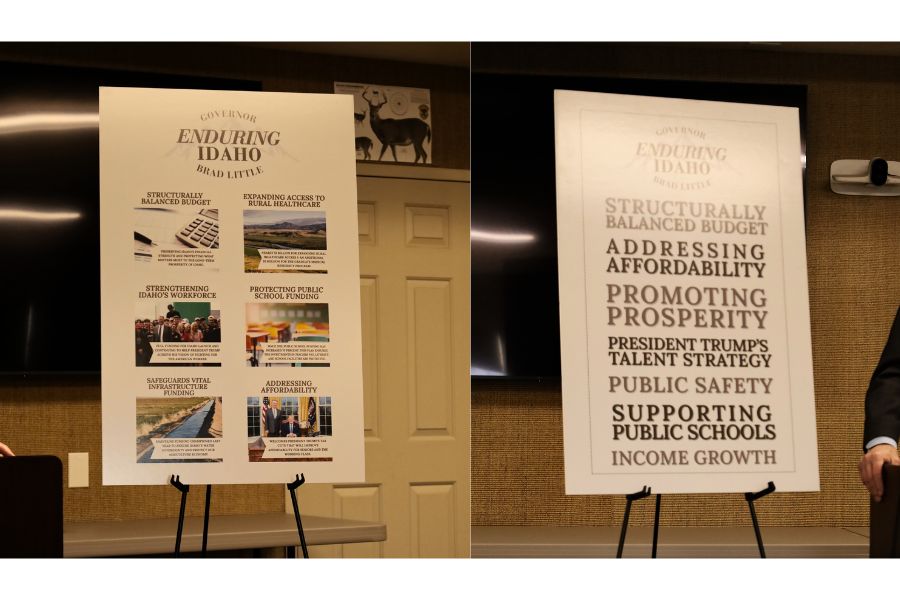 Gov. Little's informational boards at the media event on Monday. | Kaitlyn Hart, EastIdahoNews.com.