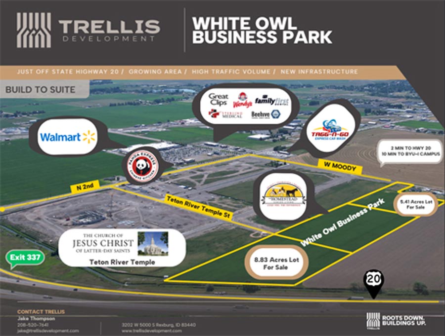 This aerial view of White Owl Business Park shows where the new Homestead Assisted Living facility and the rest of the new development will be, and their proximity to the site of the new LDS temple and other surrounding businesses. Courtesy Trellis Development. 