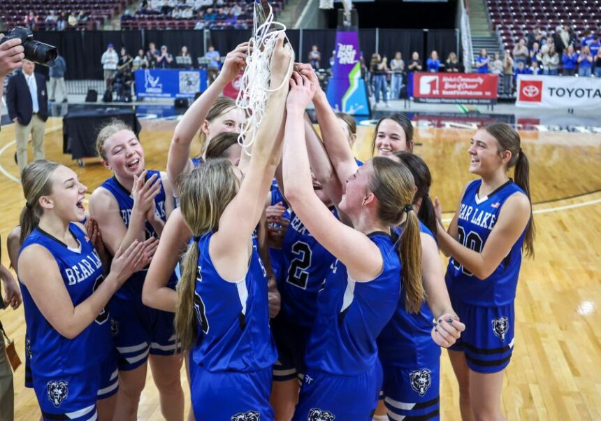 Bear Lake players celebrate after defeating Sugar-Salem on Saturday, Feb. 21, 2026, during the 4A Girls Basketball Championship game at the Ford Idaho Center in Nampa. Photo by Pat Sutphin | Gameframephoto.com.