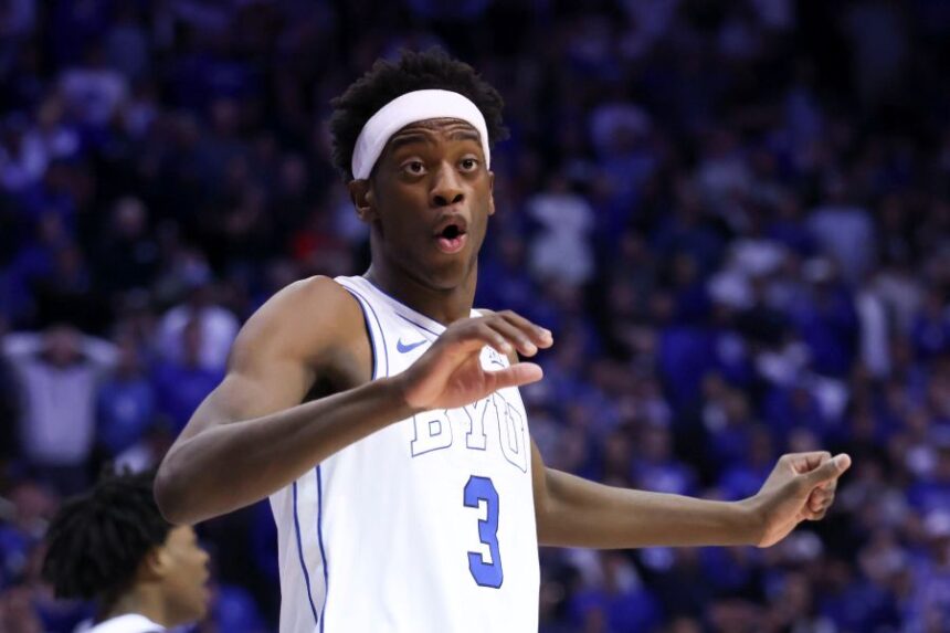 BYU forward AJ Dybantsa reacts after a play against Arizona during the second half of an NCAA college basketball game, Monday, Jan. 26, 2026, in Provo, Utah. (AP Photo/Rob Gray)