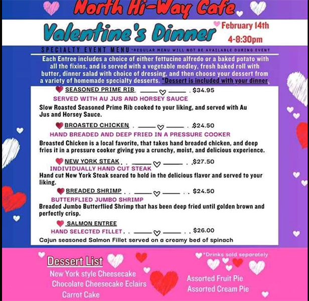 North Hi-Way Cafe's Valentine's Day menu. | Facebook 