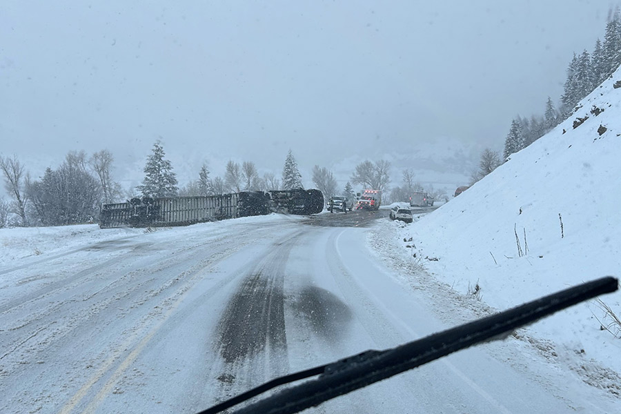 Semi-truck overturned by Alpine. | Photo courtesy of Jakob Hawkins