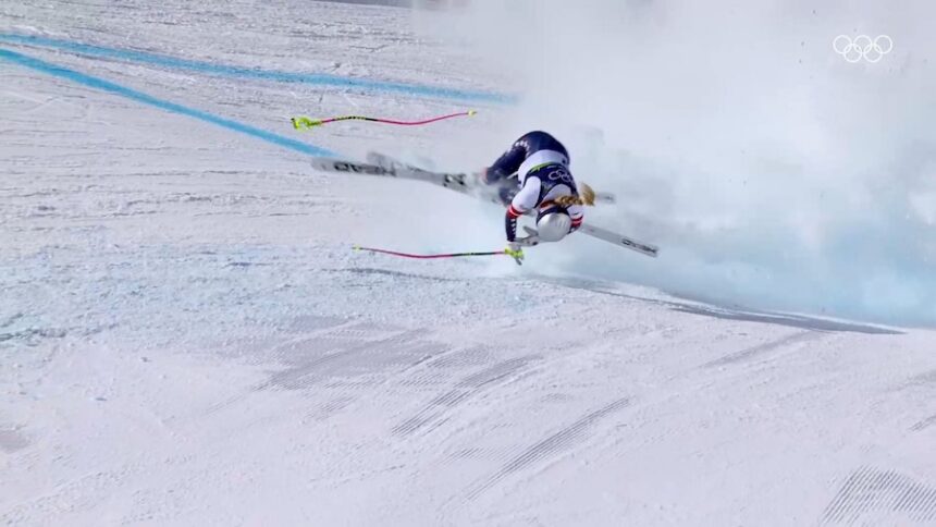 Lindsey Vonn crashes during the women's downhill final on February 8 at the Tofane Alping Skiing Centre in Cortina d'Ampezzo, Italy.