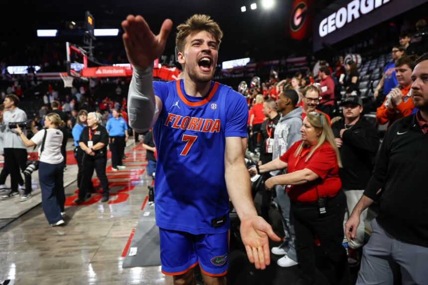Florida guard Urban Klavzar (7) reacts after an NCAA college basketball game against Georgia, Wednesday, Feb. 11, 2026, in Athens, Ga. (AP Photo/Colin Hubbard)